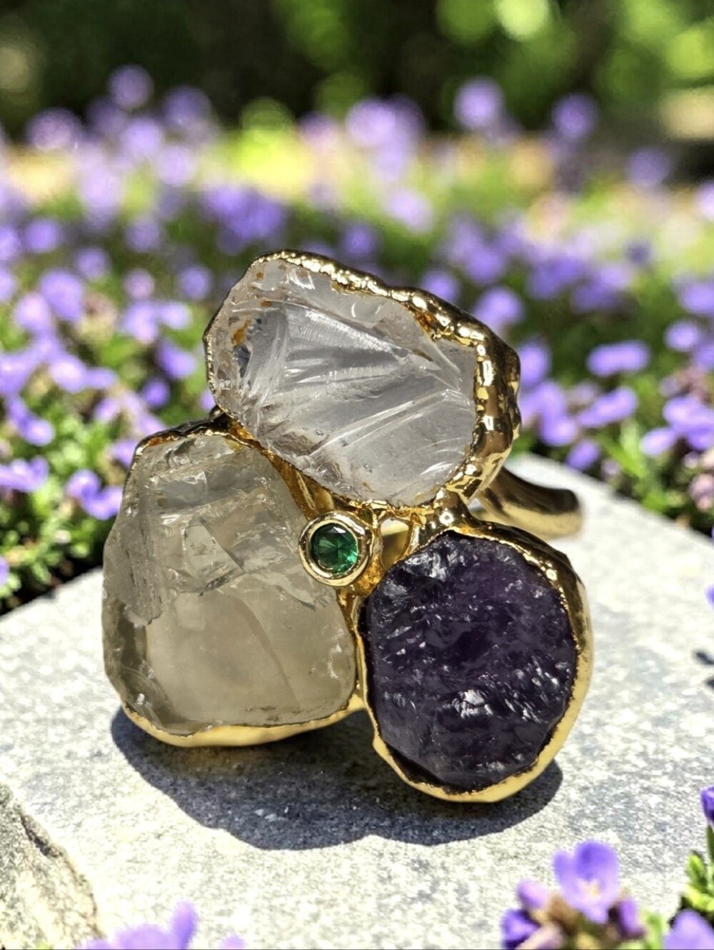 18k Gold Plated Oversized Raw Amethyst Citrine Crystal Quartz Emerald Ring